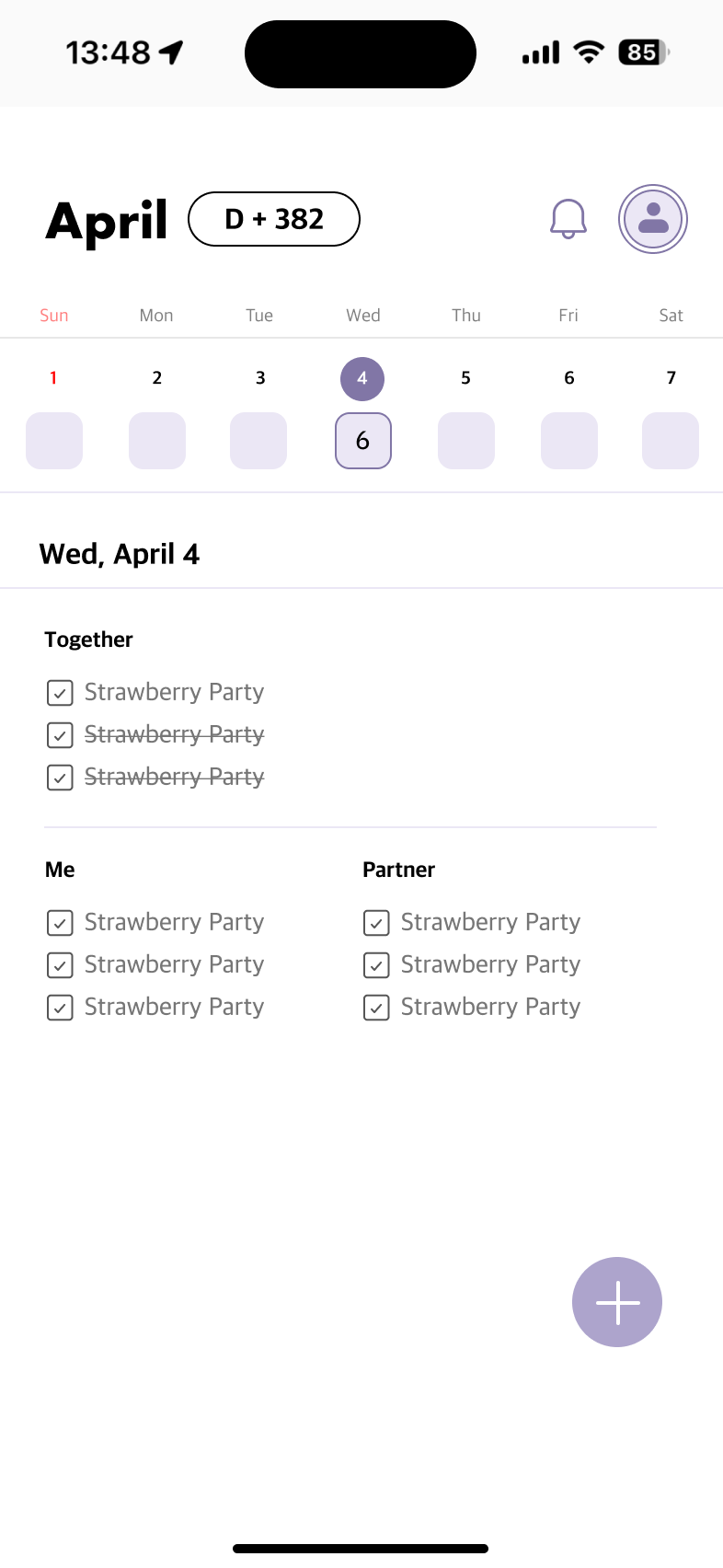 Plink todo screen with Together, Me, Partner sections