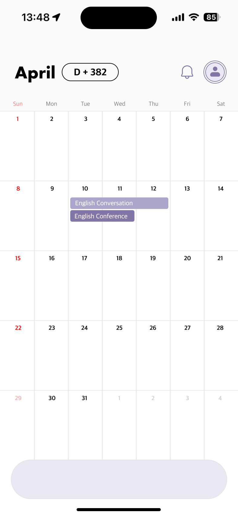 Plink calendar — April with D+382 counter and shared events